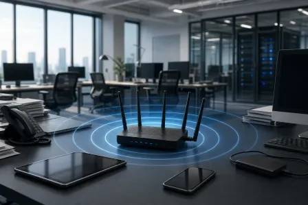 Black multi-antenna Wi-Fi router on office desk emitting blue signal rings, surrounded by tablet, phone, and computer peripherals. Black multi-antenna Wi-Fi router on office desk emitting blue signal rings, surrounded by tablet, phone, and computer peripherals.