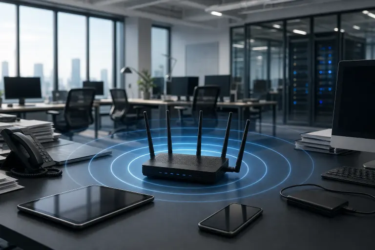 Black multi-antenna Wi-Fi router on office desk emitting blue signal rings, surrounded by tablet, phone, and computer peripherals. Black multi-antenna Wi-Fi router on office desk emitting blue signal rings, surrounded by tablet, phone, and computer peripherals.