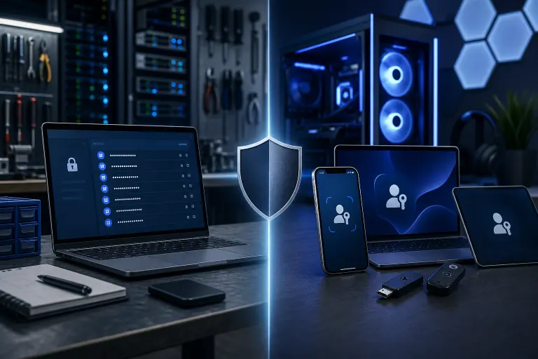 Split image: left shows laptop with password manager UI and lock icon; right shows phone, tablet, and hardware security key with passkey icons, divide Split image: left shows laptop with password manager UI and lock icon; right shows phone, tablet, and hardware security key with passkey icons, divide