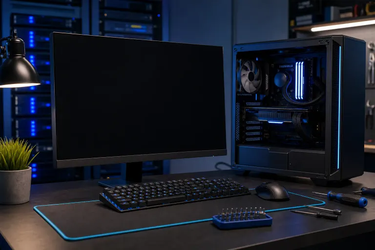 Gaming PC with open side panel and blue RGB lighting beside a black monitor, keyboard, mouse, and screwdrivers on a dark desk. Gaming PC with open side panel and blue RGB lighting beside a black monitor, keyboard, mouse, and screwdrivers on a dark desk.