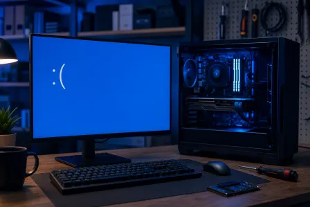 PC setup showing Windows Blue Screen of Death sad face on monitor beside open-side-panel gaming tower on a dark desk PC setup showing Windows Blue Screen of Death sad face on monitor beside open-side-panel gaming tower on a dark desk