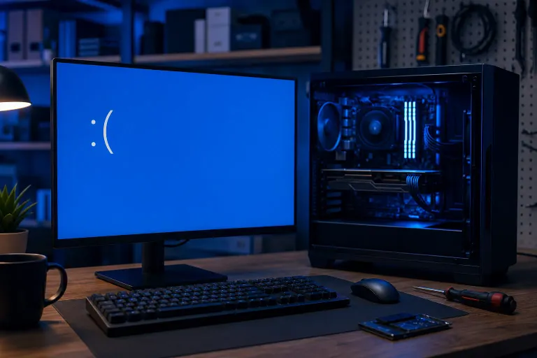 PC setup showing Windows Blue Screen of Death sad face on monitor beside open-side-panel gaming tower on a dark desk PC setup showing Windows Blue Screen of Death sad face on monitor beside open-side-panel gaming tower on a dark desk