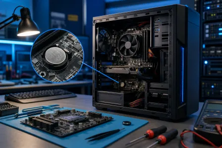 Open PC tower on a workbench with a magnified inset highlighting the CMOS coin-cell battery on the motherboard. Open PC tower on a workbench with a magnified inset highlighting the CMOS coin-cell battery on the motherboard.