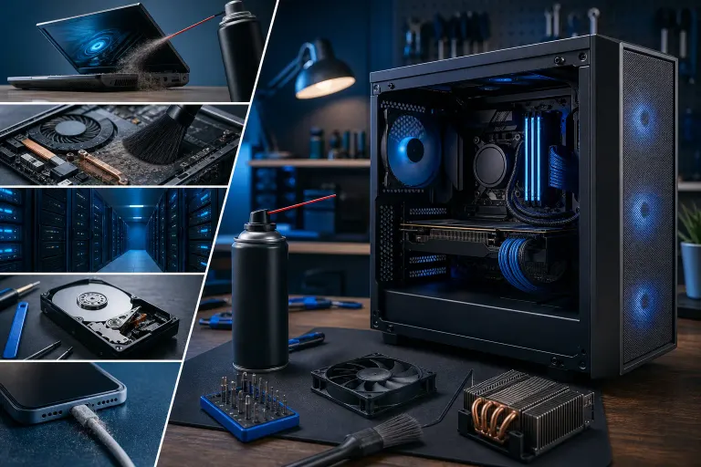 Collage of PC maintenance tools and hardware: laptop dusting, GPU cleaning, server room, HDD, and a blue-lit desktop build with fans and CPU cooler. Collage of PC maintenance tools and hardware: laptop dusting, GPU cleaning, server room, HDD, and a blue-lit desktop build with fans and CPU cooler.