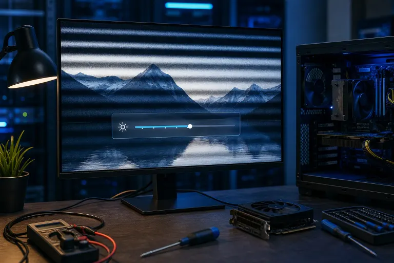 Monitor displaying horizontal scan-line flickering artifact with brightness slider overlay, beside open PC case on a tech workbench. Monitor displaying horizontal scan-line flickering artifact with brightness slider overlay, beside open PC case on a tech workbench.