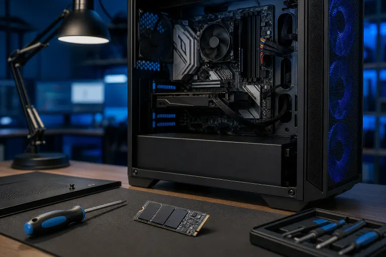 Open PC tower with visible motherboard beside an M.2 NVMe SSD, screwdriver, and tools on a dark desk with blue lighting. Open PC tower with visible motherboard beside an M.2 NVMe SSD, screwdriver, and tools on a dark desk with blue lighting.