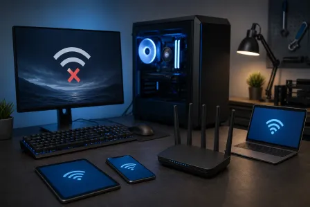 Gaming PC monitor shows Wi-Fi disconnected icon; tablet, phone, and laptop show connected Wi-Fi; router on desk.