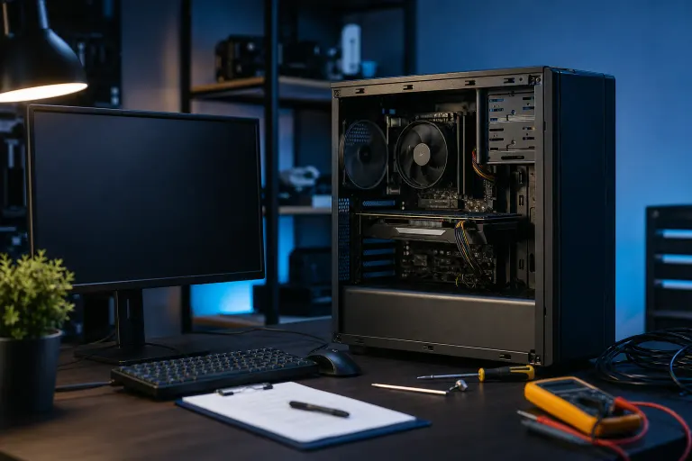 Open PC tower case on a desk beside a monitor, keyboard, multimeter, and screwdrivers in a dim blue-lit workspace. Open PC tower case on a desk beside a monitor, keyboard, multimeter, and screwdrivers in a dim blue-lit workspace.