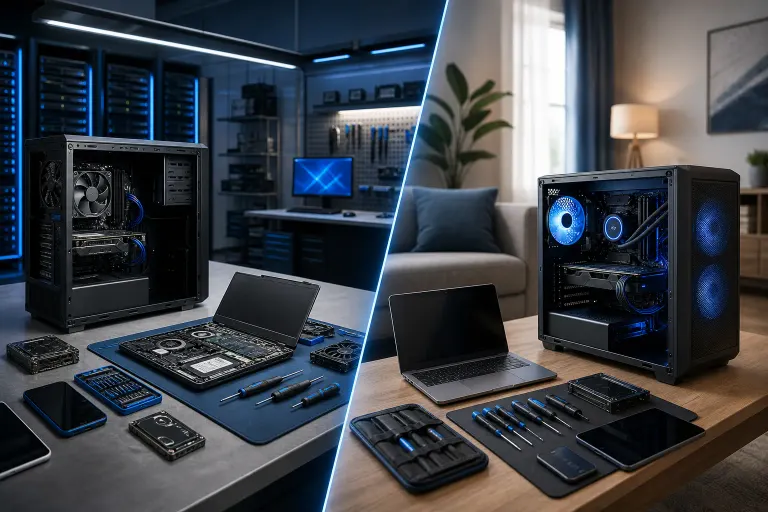 Split image comparing a dark professional repair shop (left) and a home living room (right), each with open PC cases and tools on desk. Split image comparing a dark professional repair shop (left) and a home living room (right), each with open PC cases and tools on desk.