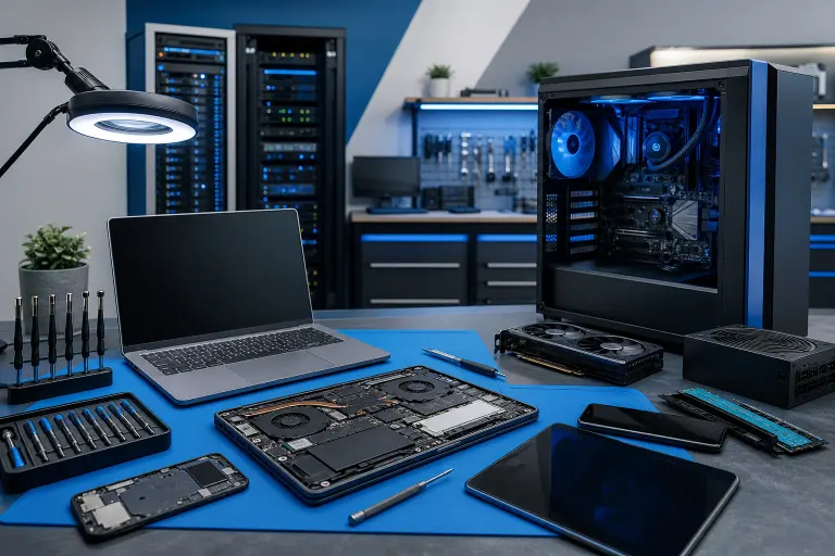 Professional PC repair workbench with open desktop tower, disassembled laptop, GPU, tools, and server racks in background. Professional PC repair workbench with open desktop tower, disassembled laptop, GPU, tools, and server racks in background.