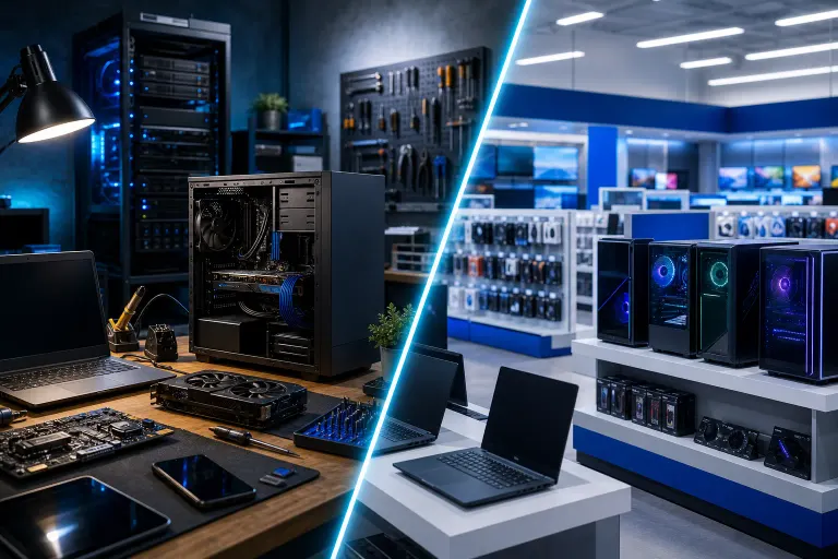 Split image: left shows a dark PC repair workbench with open tower, GPU, and tools; right shows a bright retail electronics store. Split image: left shows a dark PC repair workbench with open tower, GPU, and tools; right shows a bright retail electronics store.