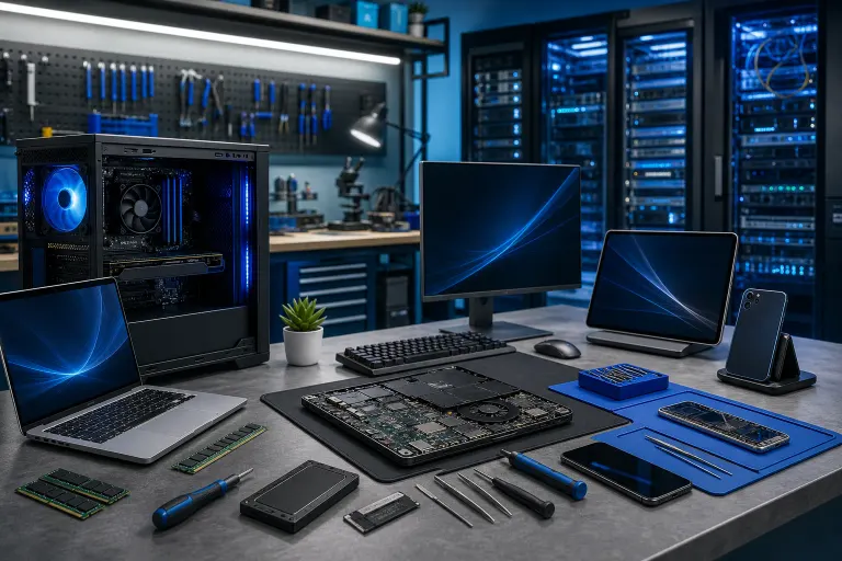 Tech repair workbench with open PC tower, laptop internals, monitors, phones, RAM, SSDs, and blue-handled tools in a server room setting. Tech repair workbench with open PC tower, laptop internals, monitors, phones, RAM, SSDs, and blue-handled tools in a server room setting.