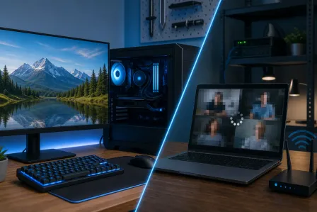 Split scene: left shows a smooth high-end gaming PC desktop; right shows a laptop buffering a pixelated video call with a router nearby. Split scene: left shows a smooth high-end gaming PC desktop; right shows a laptop buffering a pixelated video call with a router nearby.