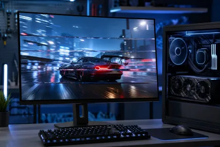 Gaming PC setup with monitor showing screen tearing artifact on a racing car wallpaper, high-end GPU visible in case Gaming PC setup with monitor showing screen tearing artifact on a racing car wallpaper, high-end GPU visible in case