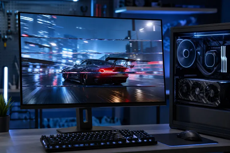 Gaming PC setup with monitor showing screen tearing artifact on a racing car wallpaper, high-end GPU visible in case Gaming PC setup with monitor showing screen tearing artifact on a racing car wallpaper, high-end GPU visible in case