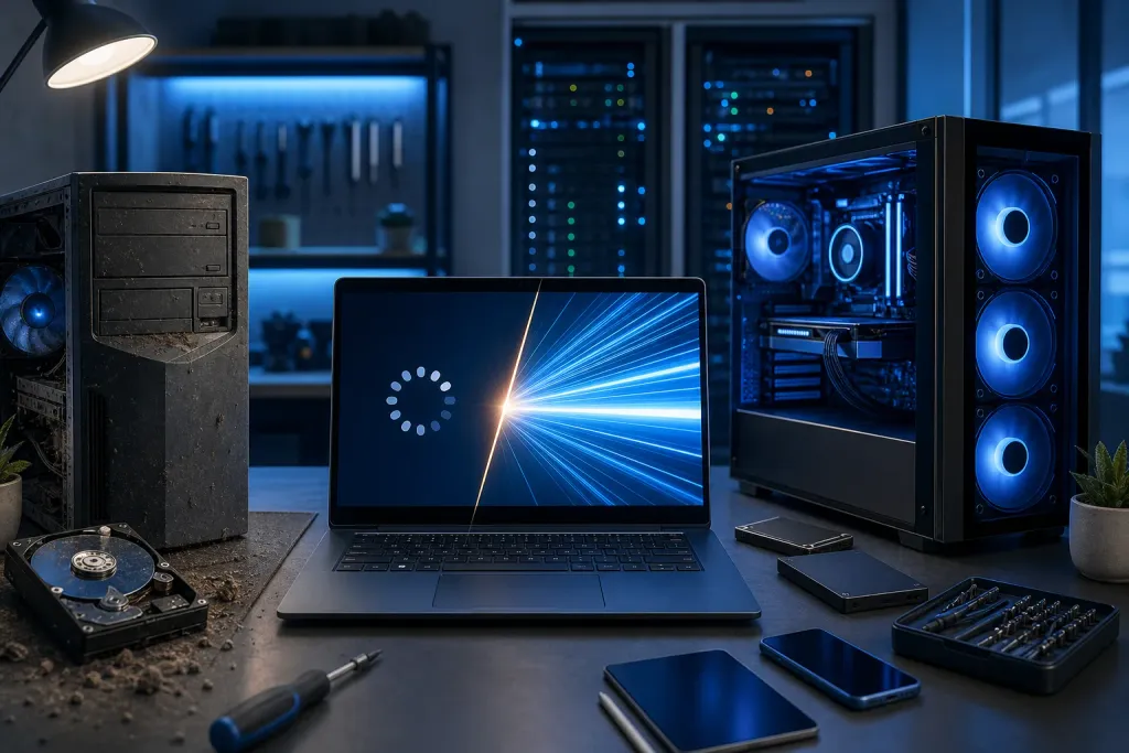 Laptop showing loading spinner vs speed lines flanked by dusty old PC tower and modern RGB gaming PC on dark tech desk Laptop showing loading spinner vs speed lines flanked by dusty old PC tower and modern RGB gaming PC on dark tech desk