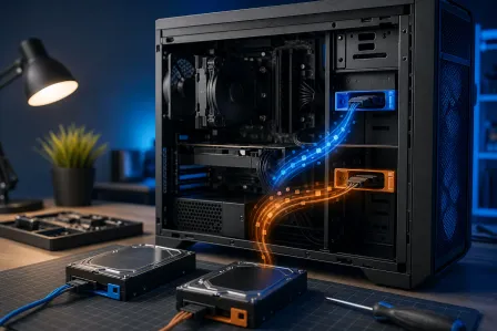 Open PC tower with two HDDs on desk; glowing blue and orange data streams flow between drives and case internals.