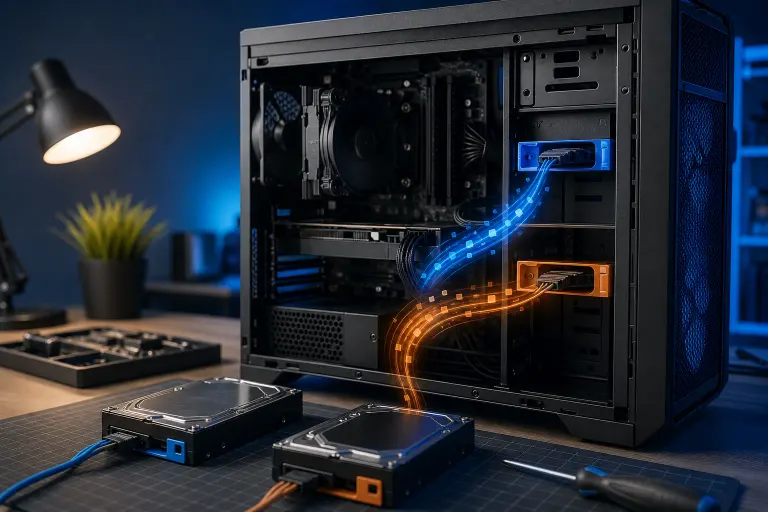 Open PC tower with two HDDs on desk; glowing blue and orange data streams flow between drives and case internals. Open PC tower with two HDDs on desk; glowing blue and orange data streams flow between drives and case internals.