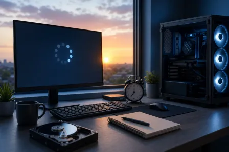 Dark desktop PC setup at dawn with loading spinner on monitor, HDD, keyboard, clock, and RGB tower case by window Dark desktop PC setup at dawn with loading spinner on monitor, HDD, keyboard, clock, and RGB tower case by window