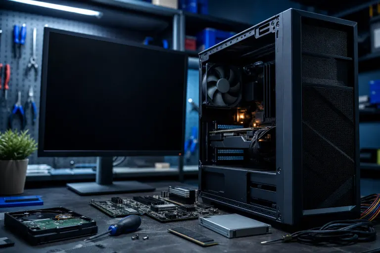 Open PC tower case with components on workbench beside monitor, motherboard, HDD, screwdriver, and tools in repair shop Open PC tower case with components on workbench beside monitor, motherboard, HDD, screwdriver, and tools in repair shop