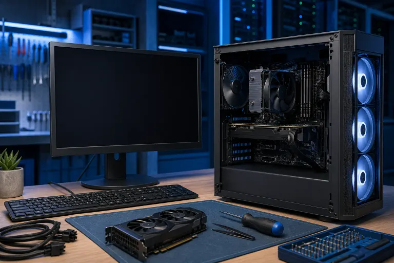 Open ATX PC case with blue RGB fans and CPU cooler on a desk beside a blank monitor, GPU, screwdriver, and tweezers. Open ATX PC case with blue RGB fans and CPU cooler on a desk beside a blank monitor, GPU, screwdriver, and tweezers.
