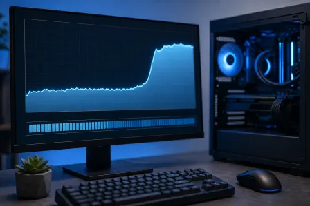 Gaming PC setup with monitor showing a RAM/CPU usage spike graph, glowing blue tower case with visible fans, keyboard and mouse Gaming PC setup with monitor showing a RAM/CPU usage spike graph, glowing blue tower case with visible fans, keyboard and mouse