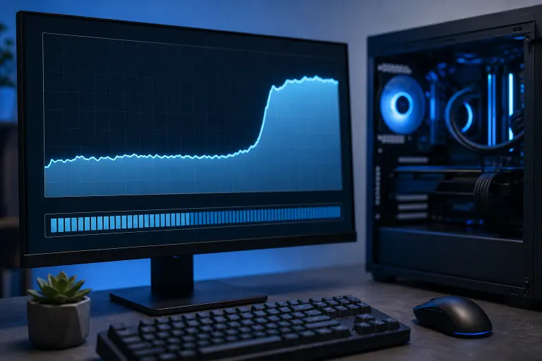 Gaming PC setup with monitor showing a RAM/CPU usage spike graph, glowing blue tower case with visible fans, keyboard and mouse Gaming PC setup with monitor showing a RAM/CPU usage spike graph, glowing blue tower case with visible fans, keyboard and mouse