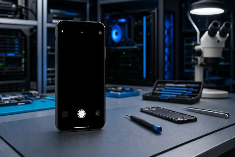 Smartphone with black camera screen on repair workbench, surrounded by screwdrivers, disassembled phone, and microscope. Smartphone with black camera screen on repair workbench, surrounded by screwdrivers, disassembled phone, and microscope.