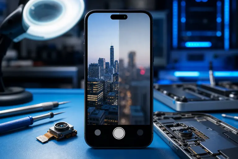 Smartphone on repair bench showing split blurry/sharp screen, with disassembled camera module and tools nearby Smartphone on repair bench showing split blurry/sharp screen, with disassembled camera module and tools nearby