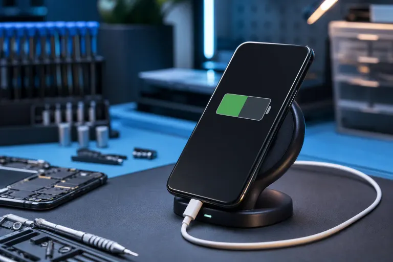 Smartphone on wireless charging stand showing battery icon, surrounded by repair tools and disassembled phone on dark workbench Smartphone on wireless charging stand showing battery icon, surrounded by repair tools and disassembled phone on dark workbench