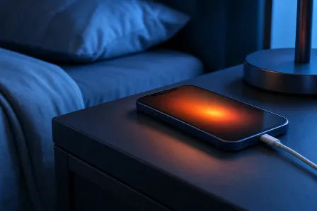 Smartphone charging via cable on a nightstand beside a bed, glowing orange-red with heat emanating from its screen. Smartphone charging via cable on a nightstand beside a bed, glowing orange-red with heat emanating from its screen.