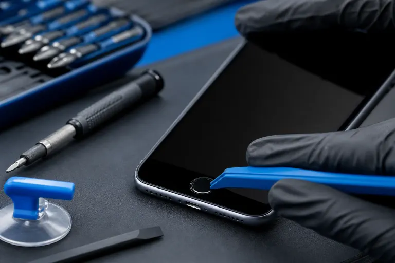 Gloved hands using a blue pry tool on an iPhone home button, surrounded by screwdrivers, suction cup, and repair tools. Gloved hands using a blue pry tool on an iPhone home button, surrounded by screwdrivers, suction cup, and repair tools.