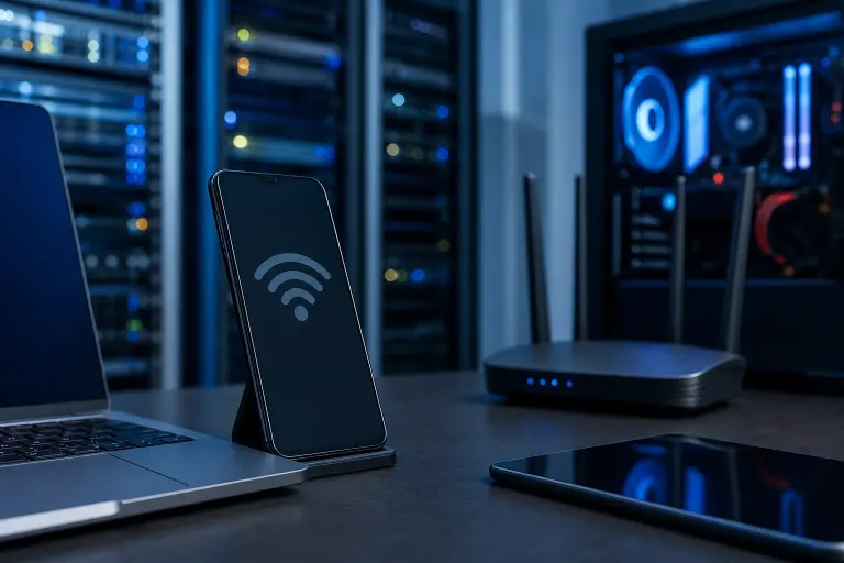 Smartphone displaying Wi-Fi symbol on stand, beside laptop, router with antennas, tablet, and glowing server racks in background. Smartphone displaying Wi-Fi symbol on stand, beside laptop, router with antennas, tablet, and glowing server racks in background.