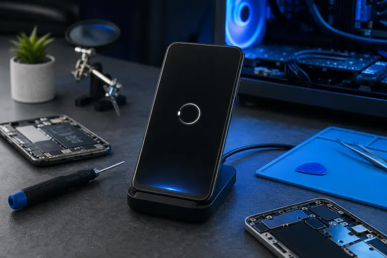 Smartphone on wireless charging stand surrounded by disassembled phones, screwdrivers, tweezers, and repair tools on a dark desk. Smartphone on wireless charging stand surrounded by disassembled phones, screwdrivers, tweezers, and repair tools on a dark desk.