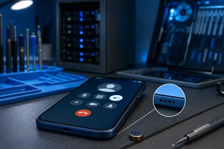 Smartphone on repair bench showing active call screen, with zoomed inset highlighting side microphone holes, repair tools nearby. Smartphone on repair bench showing active call screen, with zoomed inset highlighting side microphone holes, repair tools nearby.