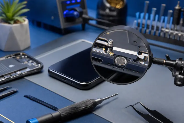 Magnifying glass highlights a phone’s bottom microphone component on a repair workbench with tools. Magnifying glass highlights a phone’s bottom microphone component on a repair workbench with tools.