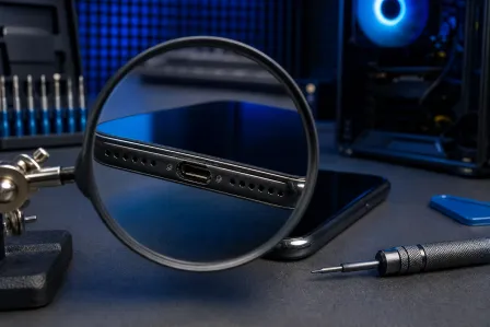 Magnifying glass zooming in on a smartphone's USB-C port, surrounded by screwdrivers and repair tools on a dark workbench. Magnifying glass zooming in on a smartphone's USB-C port, surrounded by screwdrivers and repair tools on a dark workbench.