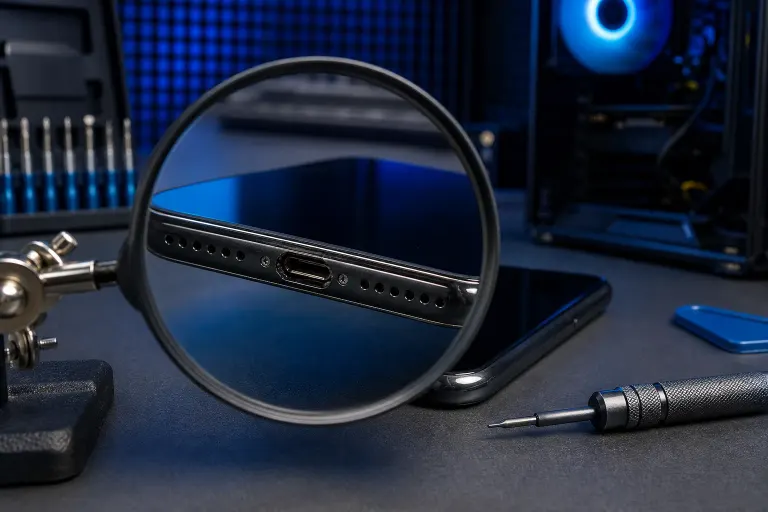 Magnifying glass zooming in on a smartphone's USB-C port, surrounded by screwdrivers and repair tools on a dark workbench. Magnifying glass zooming in on a smartphone's USB-C port, surrounded by screwdrivers and repair tools on a dark workbench.