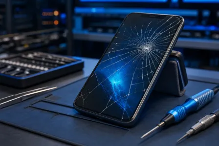 Cracked smartphone screen on a repair stand surrounded by precision screwdrivers and tools in a blue-lit tech workspace. Cracked smartphone screen on a repair stand surrounded by precision screwdrivers and tools in a blue-lit tech workspace.