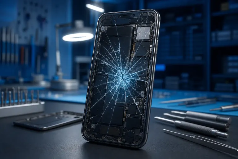 Smartphone with severely cracked screen showing internal components, surrounded by repair screwdrivers on a dark workshop bench. Smartphone with severely cracked screen showing internal components, surrounded by repair screwdrivers on a dark workshop bench.