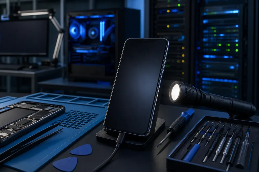 Dark smartphone on a stand surrounded by repair tools, screwdrivers, flashlight, and an open laptop on a blue repair mat Dark smartphone on a stand surrounded by repair tools, screwdrivers, flashlight, and an open laptop on a blue repair mat