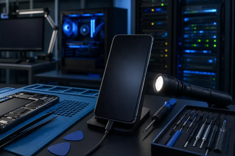 Dark smartphone on a stand surrounded by repair tools, screwdrivers, flashlight, and an open laptop on a blue repair mat Dark smartphone on a stand surrounded by repair tools, screwdrivers, flashlight, and an open laptop on a blue repair mat