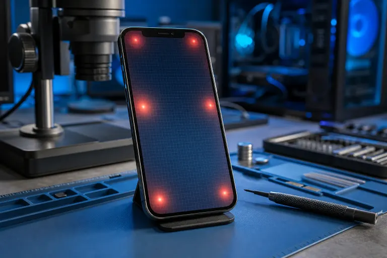 Smartphone on repair stand showing red glowing dots on dark grid screen, surrounded by tools, microscope, and tech workbench. Smartphone on repair stand showing red glowing dots on dark grid screen, surrounded by tools, microscope, and tech workbench.