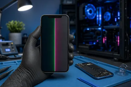 Gloved hand holds iPhone with green and pink vertical lines on screen; disassembled phone and repair tools on blue mat. Gloved hand holds iPhone with green and pink vertical lines on screen; disassembled phone and repair tools on blue mat.