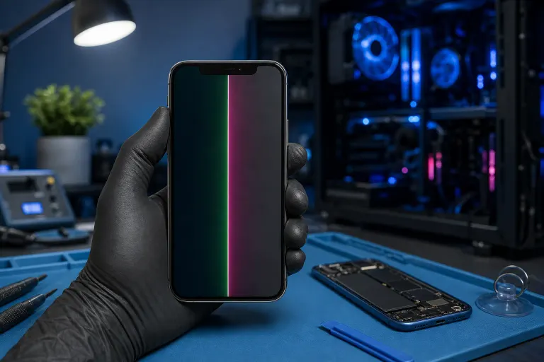 Gloved hand holds iPhone with green and pink vertical lines on screen; disassembled phone and repair tools on blue mat. Gloved hand holds iPhone with green and pink vertical lines on screen; disassembled phone and repair tools on blue mat.
