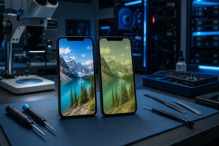 Two smartphones side by side on repair bench; left shows vivid correct colors, right shows greenish tint, with tools nearby. Two smartphones side by side on repair bench; left shows vivid correct colors, right shows greenish tint, with tools nearby.
