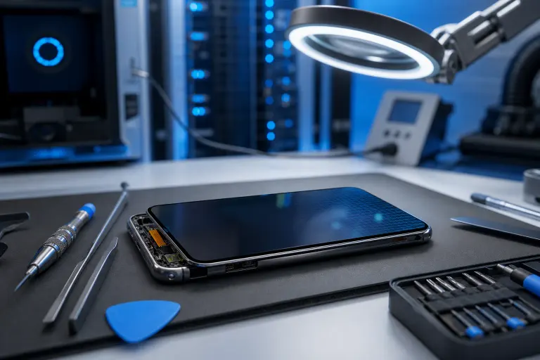 Partially disassembled smartphone on repair mat surrounded by screwdrivers, pry tool, and bit set under a ring lamp. Partially disassembled smartphone on repair mat surrounded by screwdrivers, pry tool, and bit set under a ring lamp.