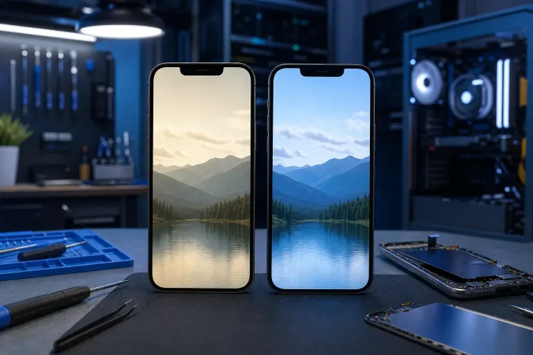 Two iPhones side by side on a repair workbench showing same wallpaper with noticeably different brightness/color tones. Two iPhones side by side on a repair workbench showing same wallpaper with noticeably different brightness/color tones.