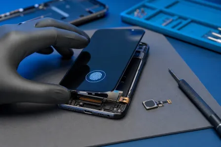 Gloved hand holding open smartphone showing fingerprint icon on screen; detached fingerprint sensor and screwdriver beside it. Gloved hand holding open smartphone showing fingerprint icon on screen; detached fingerprint sensor and screwdriver beside it.