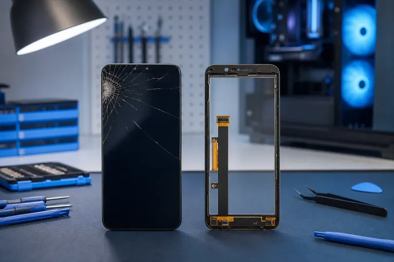Cracked smartphone screen beside a bare digitizer frame with flex cables, repair tools on a dark workbench. Cracked smartphone screen beside a bare digitizer frame with flex cables, repair tools on a dark workbench.